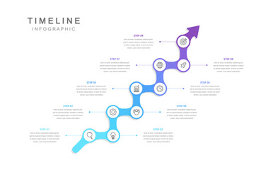 Business road map timeline infographic concept. with icons and 9 steps. Can be used for workflow layout, icons, diagram, report, web design Creative. marketing data. Vector illustration