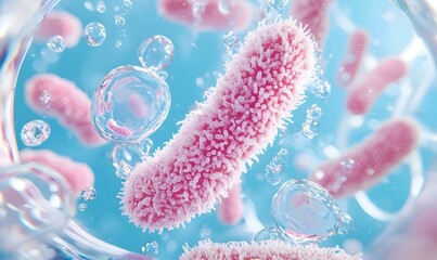 Poster - Bacteria clusters in soft blue hues, intricate formations showcasing microbial diversity, scientific exploration of microscopic life.