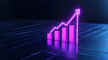Poster - Glowing Bar Chart with Upward Trend, a dynamic 3D visualization showcasing growth metrics through vibrant colors and illuminated lines.