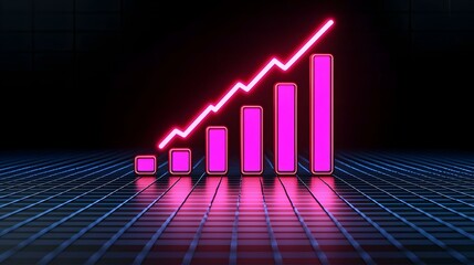 Poster - Glowing Trend Analysis, A vibrant 3D bar chart displays an upward trend line, illustrating growth and progress in data visualization.