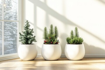 Poster - Three potted evergreen plants in white pots, near a window, sunlit room.