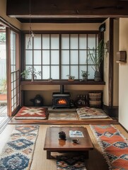 Wall Mural - Serene Japanese Room With Wood Stove And Tatami Mats