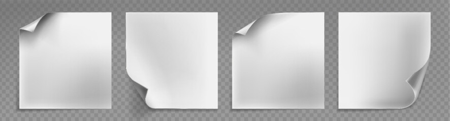 Poster - Paper sheets with curled corner folds set - blank white square pages with diverse bent edges and realistic shadows on transparent background. Business notes, documents or promotional design elements.