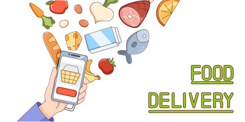 Wall Mural - food delivery smartphone app concept with hand holding mobile device and cartoon grocery items float