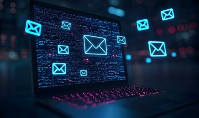Poster - Digital communication, open laptop displaying luminous envelope icons, symbolizes modern connectivity and the flow of information.
