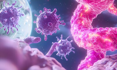 Poster - Vibrant Microscopic Bacteria, an intricate display of colorful microorganisms glowing under observation, showcasing nature's hidden beauty.