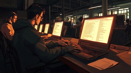 Programmers coding late night in office, teamwork, glowing screens