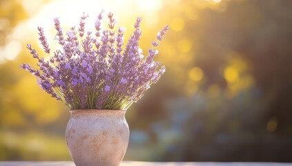 Wall Mural - lavender bouquet in rustic pot, sunset backdrop.
