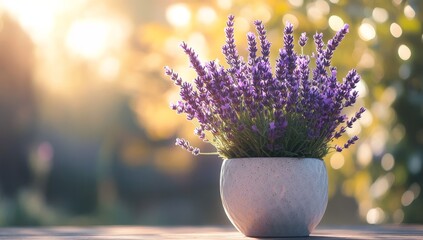 Wall Mural - lavender flowers in a pot at sunset. (1)