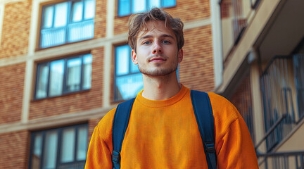 Poster - A portrait of a man around 30 years old wearing a high-quality orange tones long-sleeve shirt.