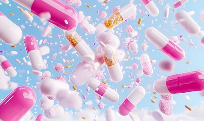 Poster - Colorful fantasy capsules in a vibrant setting, showcasing playful designs and imaginative elements, inviting curiosity and creativity.