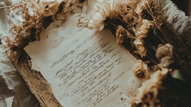 A vintage wedding invitation with antique-style paper and hand-written text