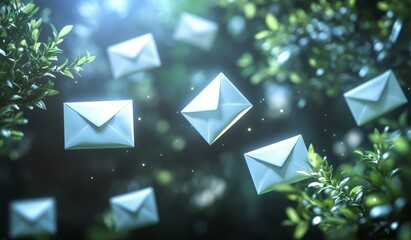 Poster - Glowing envelopes floating amidst lush green foliage.