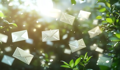 Poster - White envelopes floating amidst sunlit green foliage.