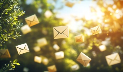 Poster - Flying email icons in sunny nature.