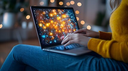Poster - Tech Engagement, A person focused on a laptop screen, immersed in digital content, showcasing modern connectivity and interaction.