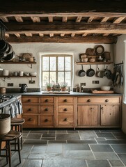 Wall Mural - Rustic Kitchen with Wooden Cabinets and Stone Floor