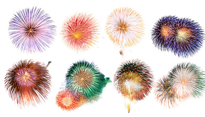 set of bright and vibrant fireworks isolated on white or transparent background
