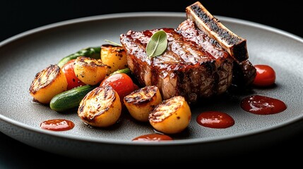 Wall Mural - Grilled rack of lamb with vegetables on the plate with a text space.