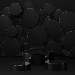 Poster - set of three black plastic podiums mockup on stage for presentation black friday, new year, cosmetic