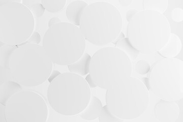 Poster - white plastic circles flying on soft light shining background as pattern, top view. 3d illustration 