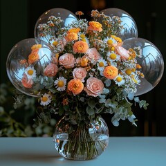 Aufkleber - A stunning floral arrangement with flowers elegantly arranged in or artistically combined with transparent balloons. with bright flowers such as roses, daisies or orchids placed around the balloons.