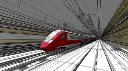 Poster - Red train traveling through a dark tunnel with motion blur and focused light at the tunnel entrance