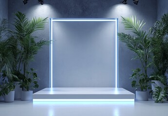 Poster - Illuminated stage with plants and blank backdrop.