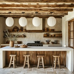 Wall Mural - Rustic Kitchen Island with Wooden Stools and Paper Lanterns