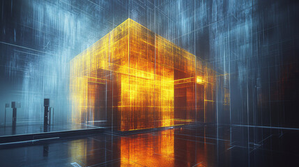 Poster - Building illuminated by yellow light at night showcasing architectural design and urban environment