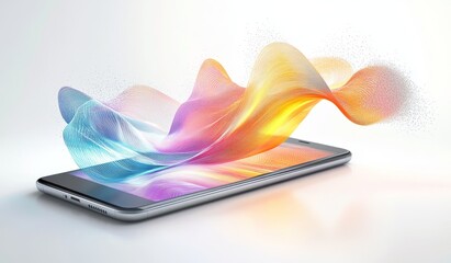 Wall Mural - Colorful data wave emanating from a smartphone.