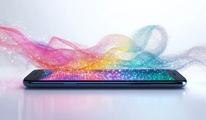Fototapete - Colorful sparkles emanating from a smartphone screen.