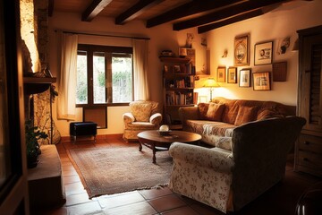 Wall Mural - Cozy Rustic Living Room With Comfortable Furniture And Artwork