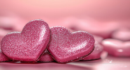 Poster - Shiny hearts on a pink background with a place for the text.