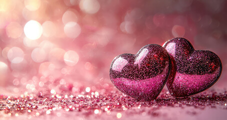 Poster - Shiny hearts on a pink background with a place for the text.