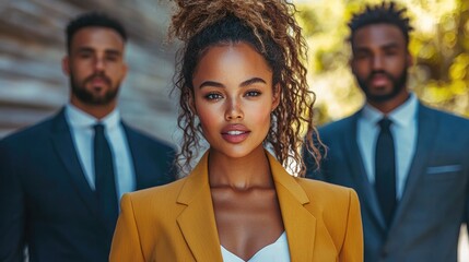 Poster - Business professionals stands in front of a building, mixed race.