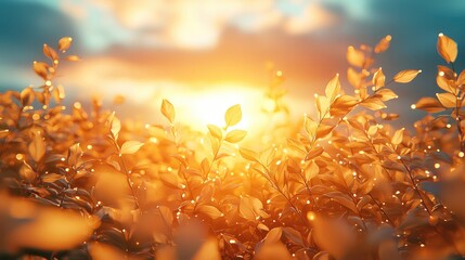 Poster - A sunrise sky with soft clouds and golden sunlight streaming through. In the foreground, delicate leaves are gently carried by the wind, symbolizing lightness, transition, and serenity.