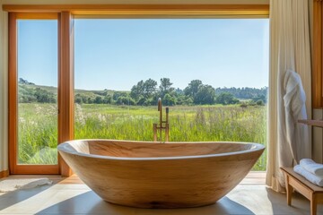 Wooden Freestanding Bathtub with Scenic View