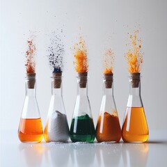 Aufkleber - Beakers and vials with colored chemicals and powders on a white background.