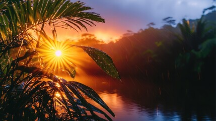 Poster - Rain in the rainforest at dawn.