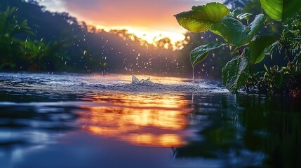 Poster - Rain in the rainforest at dawn.
