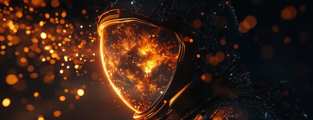 Wall Mural - astronaut helmet reflecting fiery cosmic explosion.