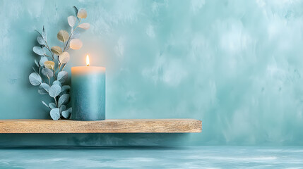 Poster - A serene teal background features a lit candle and delicate foliage on a rustic wooden shelf, creating a calming atmosphere