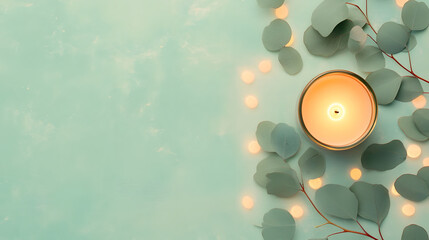 Aufkleber - A serene arrangement featuring a lit candle surrounded by eucalyptus leaves and soft, glowing lights on a calming mint-green surface