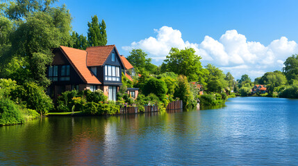 Poster - A serene riverside scene featuring a charming house, lush greenery, and a bright blue sky with fluffy clouds reflecting on the water
