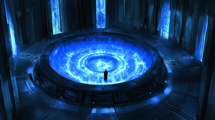 Poster - Man standing in a circular room illuminated by blue led lights