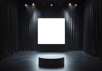 Poster - Dark room with spotlight, blank white square canvas and round pedestal.