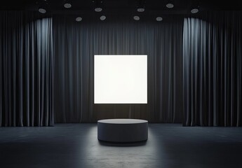 Poster - Illuminated square display on a pedestal, framed by dark curtains in a minimalist setting.