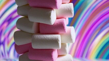 Aufkleber - Stack of pink and white marshmallows with colorful abstract background. Sweet treats and confectionery art concept