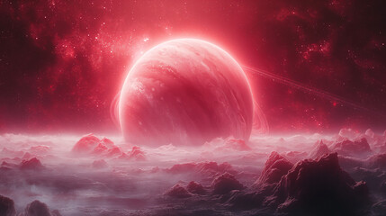 Wall Mural - cosmic landscape with rings around a planet and a glowing sun backdrop. generative ai